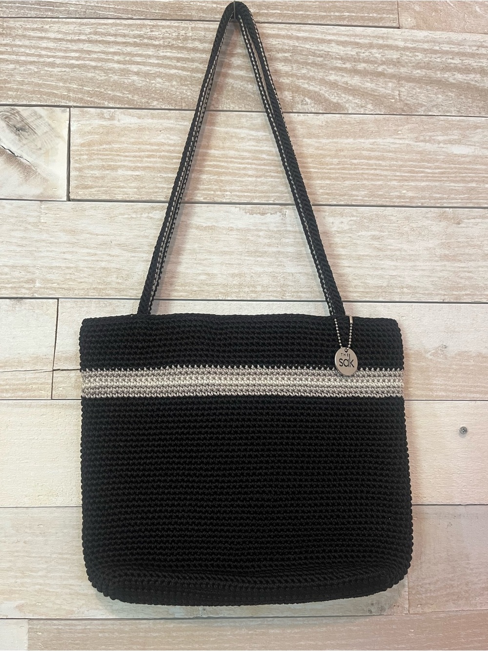 The Sak Black Crochet Tote Bag with Silver Accent Woven